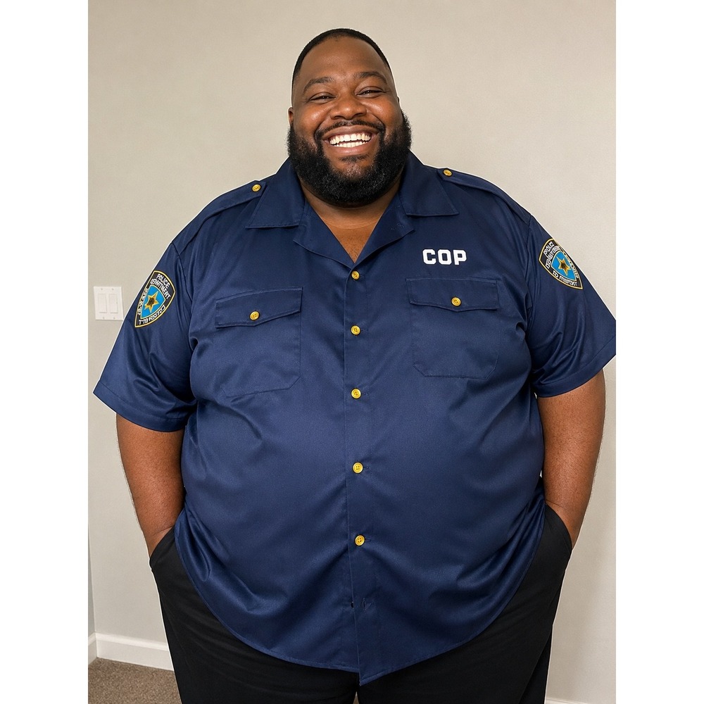 Amscan Mens Police Officer Costume Shirt Navy Blue Short Sleeve Cop Patch Sz XL